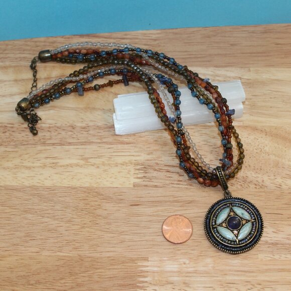 Vintage Avon SP Multistrand Bead Adjustable Necklace Enamel Rhinestone Pendant - Picture 3 of 6